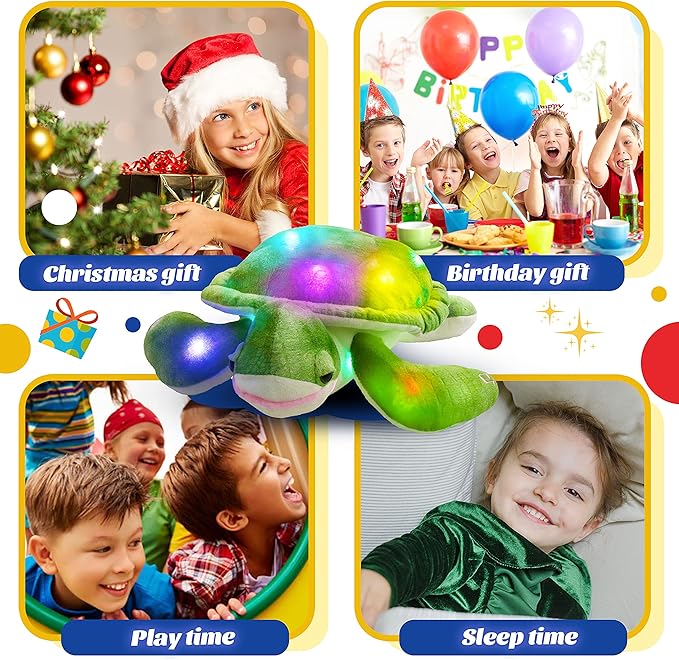 Glow Guards 14'' Light up Sea Turtle Stuffed Animal Ocean Life Soft Plush Toy Pillow with Lullabies LED Night Lights Children's Day Birthday Gifts for Toddler Kids