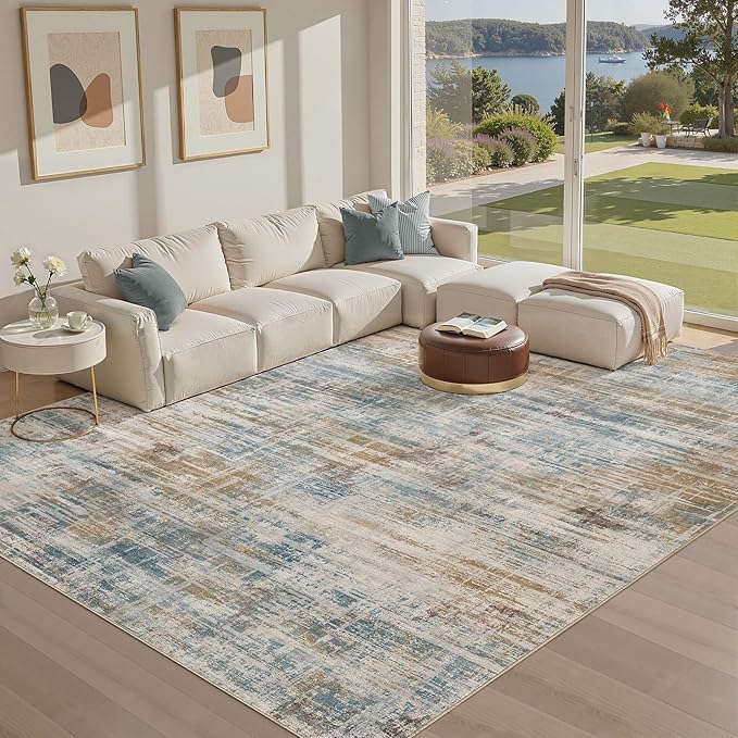 Area Rug for Living Room: 10x14 Washable Neutral Abstract Modern Soft Rugs Non Slip Indoor Floor Stain Resistant Large Carpet for Bedroom Dining Room Office Nursery - Blue Brown