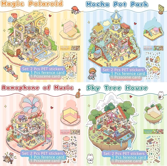 DIY 3D Sticker Scene，8 Sets Pack（600+） Large-Sized, Reusable Sticker Book, Cute Sets for Free Combination, Waterproof for Anywhere, Crafts Party Favors Birthday Gift