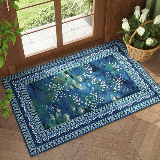 2x3 Rug Impressionist-Style Vintage Indoor Door Mat Machine Washable Small Area Rug Non-Slip Low Pile Throw Rugs for Entryway Kitchen Front Door Indoor Entrance Entry Kids Room, Blue