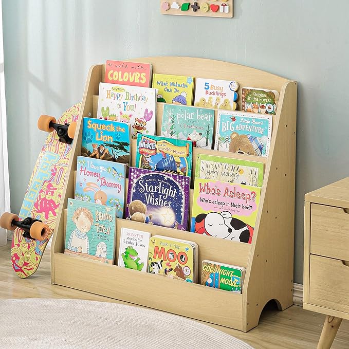 TOETOL 5-Tier Kids Bookshelf - Toddler Book Display Shelves for Classrooms, Playrooms, and Nursery - Wooden Children Book Rack (Natural)