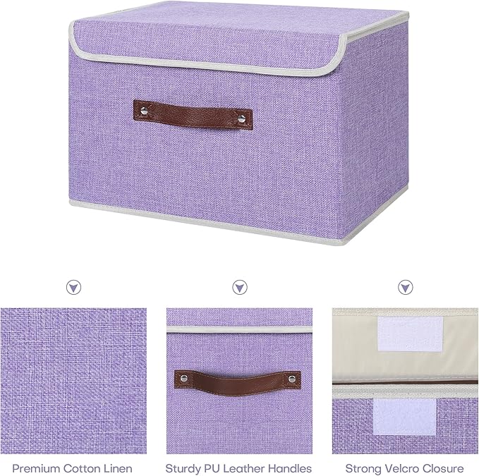 ANMINY Storage Bin with Lid Storage Boxes with PU Leather Handles PP Plastic Board Decorative Foldable Lidded Cotton Linen Fabric Home Cubes Baskets Closet Organizer Container - Purple, Large Size