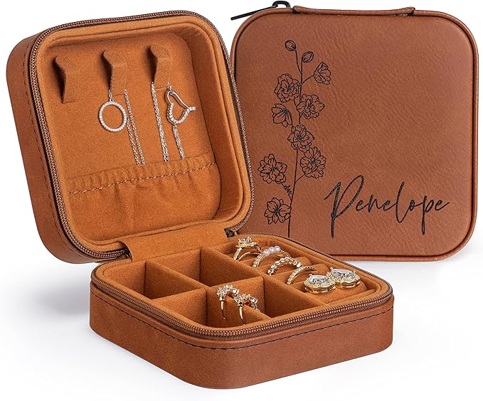 Custom Leather Jewelry Box w/Name & Birth Flower Month - Birthday Gifts for Women, Personalized Jewelry Travel Case - Customized Jewelry Organizer Box, Mom Birthday Gifts - Chestnut