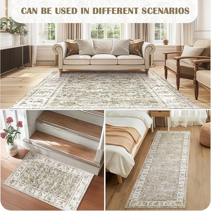 jinchan Runner Rug 3x10-2pcs Kitchen Washable Vintage Hallway Rug Floral Print Floor Cover Indoor Thin Retro Mat Accent for Bathroom Laundry Room Bedroom Office Farmhouse (Double,Taupe)