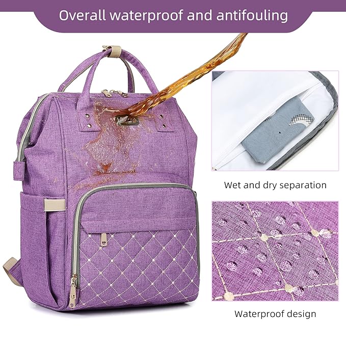 Diaper Bag Backpack, Diaper Bags for Baby Girls Boys, Baby Bags for Moms Dads, Nappy Changing Bag with Insulated Pockets,Multi-functional Waterproof Backpack with Stroller straps-Purple