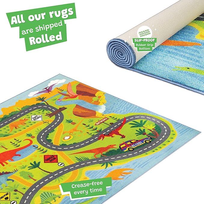 KC Cubs 3x5 Dinosaur Toy Car Dino Road Rug – Educational Play Mat Carpet for Kids, Toddlers, Nursery, Classroom, Playroom, Baby Daycare, Boys & Girls