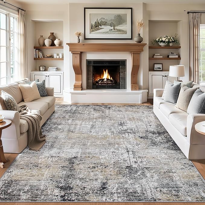 6x9 Area Rugs for Living Room - Washable Rug Modern Abstract Soft Large Neutral Non-Slip Carpet Indoor Floor Thin Carpets for Bedroom Dining Room Farmhouse Nursery Home Office Brown Black Grey