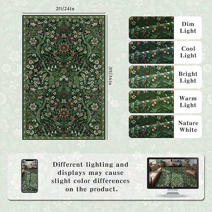 Floral 2x3 Entryway Rug,Washable Front Door Mat Indoor Non Slip Low Pile Small Carpet, Soft Green Boho Botanical Throw Rug for Bathroom Bedroom Kitchen Laundry Indoor Entrance