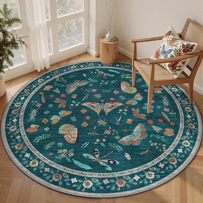 4ft Washable Round Rug - Bug Rugs for Living Room Non-Slip Low Pile Soft Ultra-Thin Machine Washable Circle Carpet for Bedroom, Entryway, Nursery, Kitchen, Home Office (4' Round Teal)