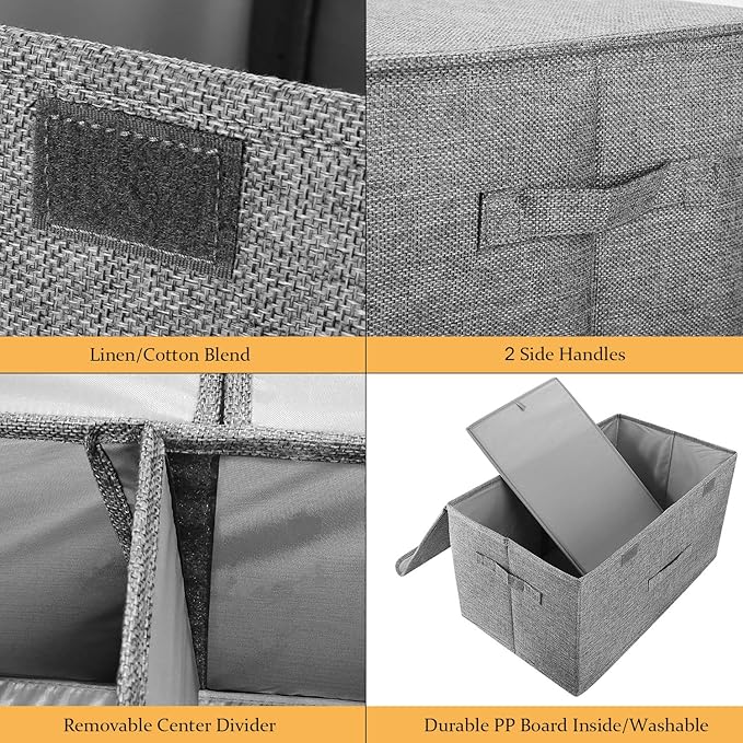 2 Pack Large Storage Boxes with Lids and Handles, Collapsible Linen Storage Bins Organizer Containers Baskets Cube with Removable Divider for Home Bedroom Closet Office (Khaki, Large)