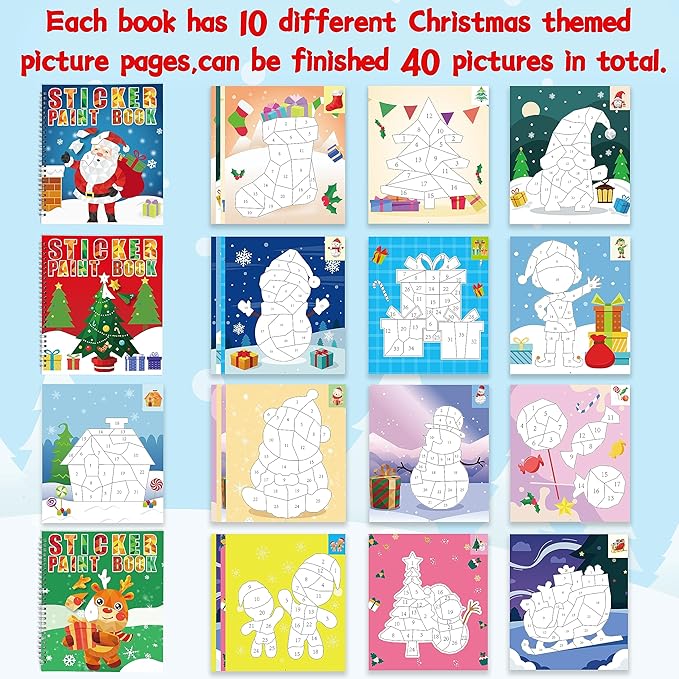 90shine 4PCS Christmas Crafts for Kids Ages 4-8 Sticker Paint Books - Includes Santa Clause Snowman Elf Gnome and More Designs Gift Party Create 40 Pictures