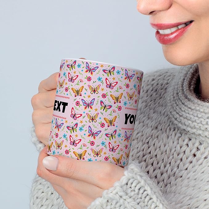 Personalized Mug for Kids - Butterflies - Custom Name/Text, Ceramic Hot Chocolate/Cocoa/Coffee Cup for Girls, Birthday/Christmas/Holiday Gift - 15 oz, Red Handle