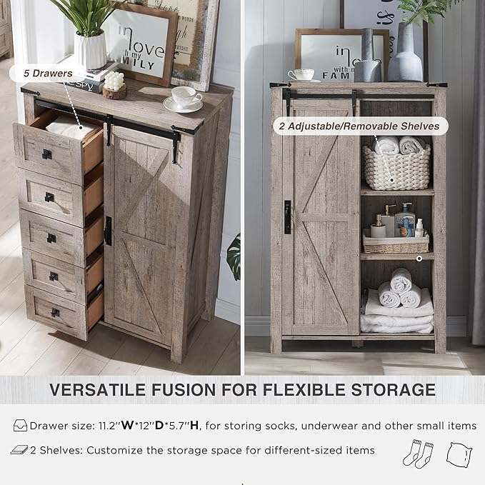 T4TREAM 5 Drawers Dresser for Bedroom w/Sliding Barn Door, Farmhouse Modern Tall Dresser 5 Chest of Drawers, Storage Organizer for Bedroom, Hallway, Living Room, Kids Room, Light Rustic Oak