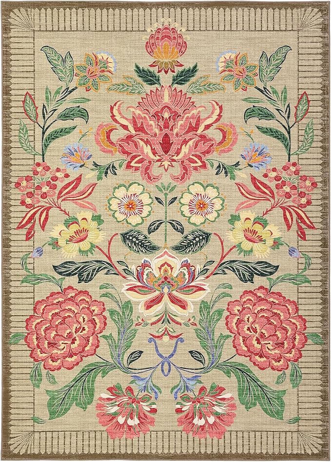 GarveeHome Floral Botanical Washable 8x10 Area Rug for Living Room Soft Camel Taupe Brown Vintage Boho Cottage Large Rugs Low Pile Carpet for Bedroom Dining Nursery Rug