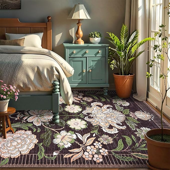 GarveeHome Plum Pink Floral Botanical Washable 5x7 Rug for Living Room, Black Purple Vintage Boho Cottage Throw Rugs Low Pile Carpet for Bedroom Dining Nursery Rug
