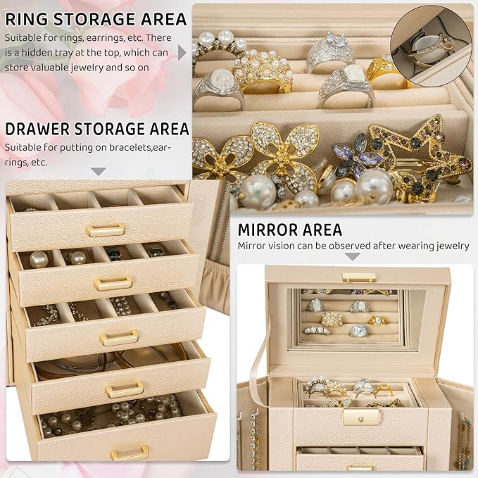 AKOZLIN 6-Tier Jewelry Box Lockable Leather Jewelry Storage Case with 5 Drawers for Women Girls Ring Necklace Earring Bracelet Holder Organizer with Mirror