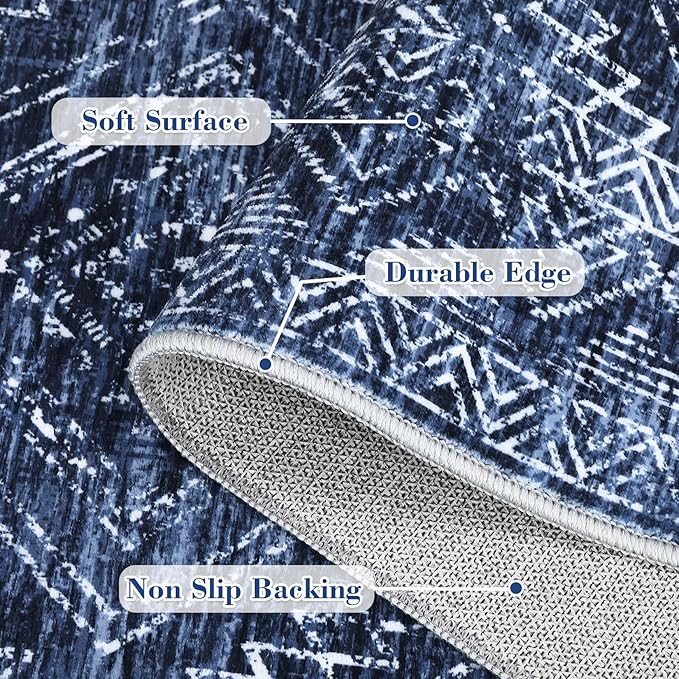 COZYLOOM 6x9 Washable Area Rug Vintage Non Slip Low Pile Rug Soft Throw Floor Cover Geometric Tribal Foldable Indoor Carpet for Living Room Bedroom Playroom Nursery, Blue