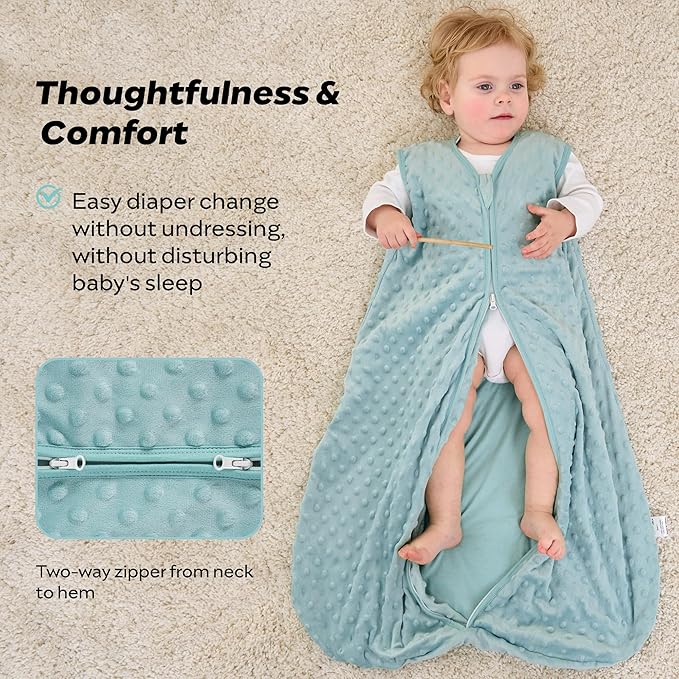 JELLYMONI Fleece Baby Sleep Sack 6-12 Months, 1.5 Tog Warm Winter Baby Wearable Blanket with Plush Dots and 2-Way Zipper, Cotton Toddler Sleep Sack
