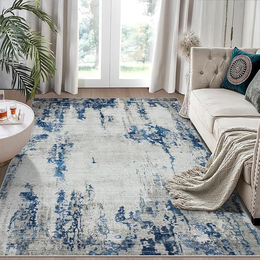 5x7 Area Rugs for Living Room Rug Washable: Modern Rug for Dining Room Bedroom Carpet Non Slip Low Pile 5 by 7 Indoor Abstract Nursery Home Office Blue White