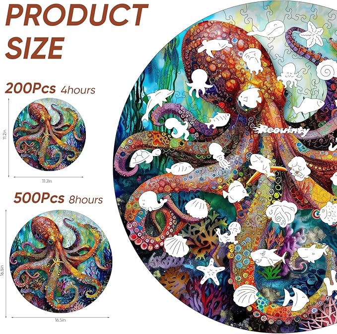 Wooden Puzzle for Adults 200pcs, Octopus Wooden Jigsaw Puzzles, Unique Shape Animal Adult Puzzles, Irregular Wood Puzzles Best Gift for Adults and Kids Family Game(11.2 * 11.2 in)