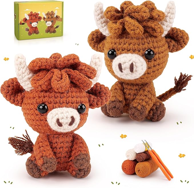 Highland Cow Crochet Kit for Beginners - 2PCS Animals Crochet Kit with Step-by-Step Video Tutorials, Highland Cows Crocheting Kit, Crochet Starter Kit for Kids and Adults, Stuffed Animal Knitting Kit