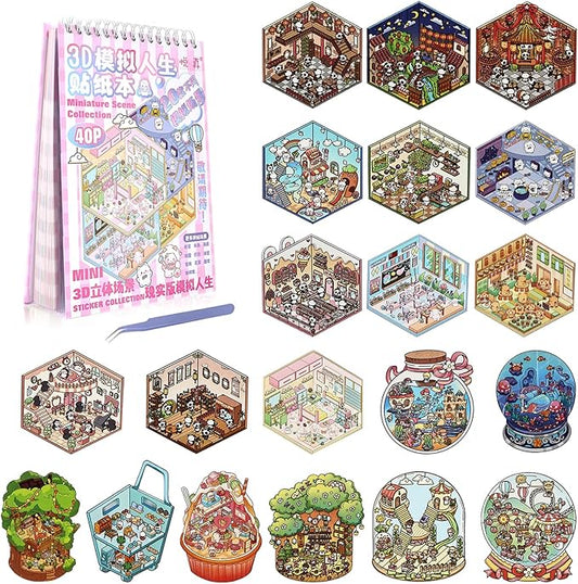 Dwpetzo 20 Sets DIY 3D Sticker Scenes for Adults with Tweezer, Cute 3D House Sticker Therapy for Girls Make Your Own Mini Room Scene Collection Book for Adult Kids Relief Stress Pass The Time