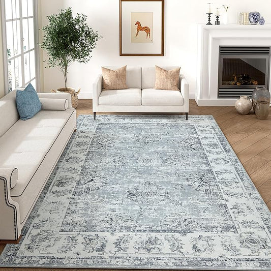 jinchan Washable Area Rug 8x10 for Living Room Soft Faux Wool Ultra-Thin Stain Resistant Non-Slip Distressed Vintage Floral Large Carpet for Bedroom,Dining Room,Home Office,Nursery(Grey, 8'x10')