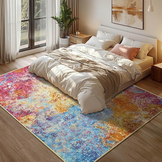Kelarea Living Room Rug, 5x7 Modern Abstract Washable Rugs, Colorful Non Slip Low Pile Carpet, Stain Resistant Rugs for Bedroom, Dining Room, Nursery, Home Office
