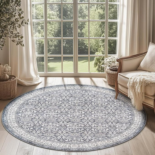 jinchan Round Rug 5ft Washable Circle Soft Rug - Low Pile Vintage 5'Round Indoor Grey Floral Print Stain Resistant Boho Carpet Ultra-Thin Non-Slip for Entryway Nursery Bedroom Dining Room Kitchen