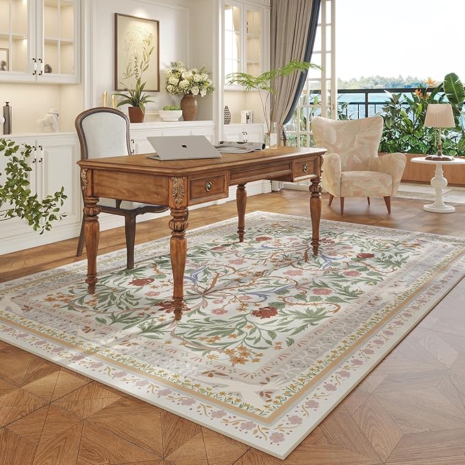 5x7 Washable Rug Vintage Floral Botanical Area Rug Non Slip Low Pile Large Rugs for Living Room, Bedroom, Farmhouse, Dining Room, Kids Playroom, Beige