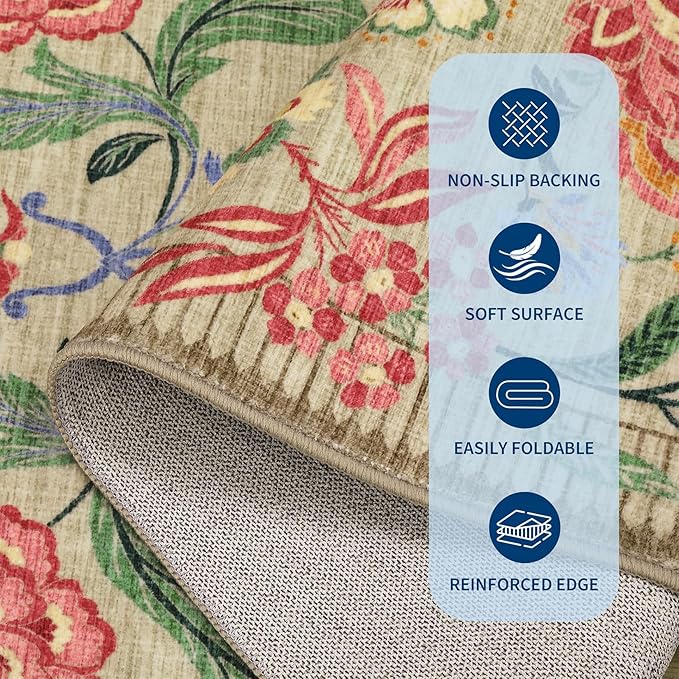 GarveeHome Floral Botanical Washable 9x12 Area Rug for Living Room Soft Camel Taupe Brown Vintage Boho Cottage Large Rugs Low Pile Carpet for Bedroom Dining Nursery Rug