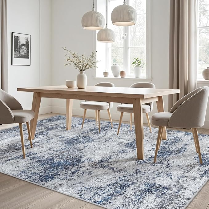 Area Rugs 8x10 Living Room Rugs: Modern Abstract Washable Rug with Non-Slip Backing, Stain Resistant Indoor Floor Large Carpet for Bedroom Dining Room Table Nursery Hallway Home Office Blue/Gray/Black