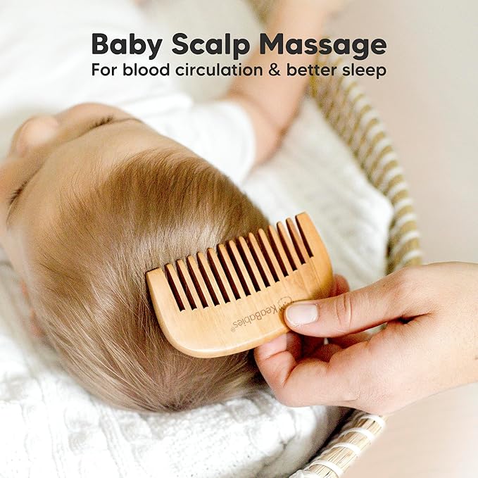 Baby Hair Brush and Comb Set for Newborn - Wooden Baby Hair Brush Set with Soft Goat Bristle, Baby Brush Set for Newborns, Baby Brush and Comb Set Girl, Boy, Toddler Cradle Cap Brush (Round, Walnut)