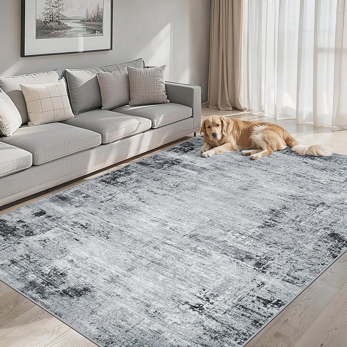 Area Rugs Living Room Rug - 4x6 Washable Modern Abstract Soft Neutral Non-Slip Carpet Large Indoor Floor Thin Carpets for Bedroom Dining Room Farmhouse Nursery Home Office Black