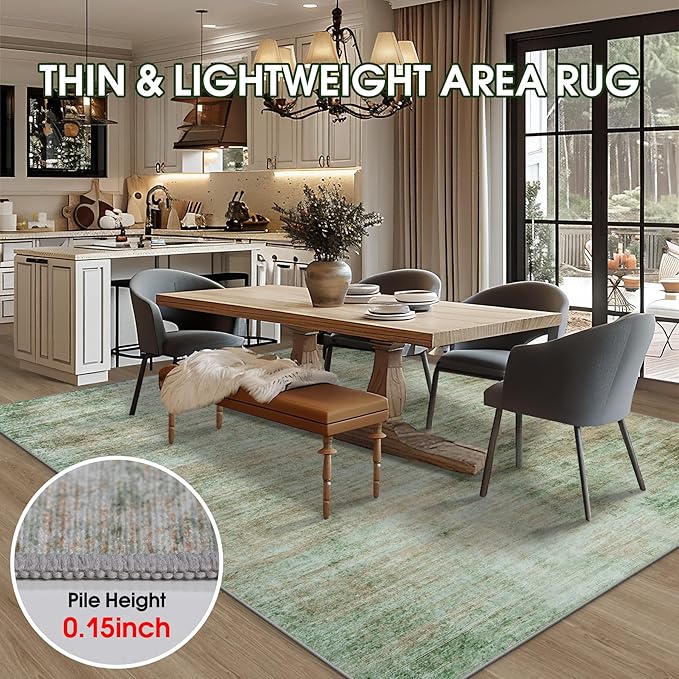 Area Rug 9x12 Washable Rugs: Abstract Large Living Room Rugs with Non-Slip Backing, Thin Carpet for Dining Room Table Bedroom Nursery Indoor Home Office-Light Green/Brown