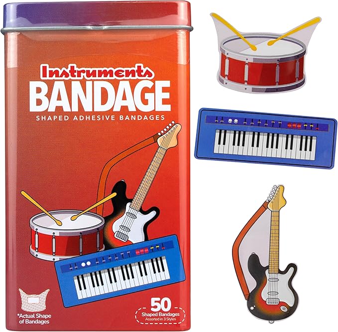 BioSwiss Bandages, Musical Instruments Shaped Self Adhesive Bandage, Latex Free Sterile Wound Care, Fun First Aid Kit Supplies for Kids and Adults, 50 Count