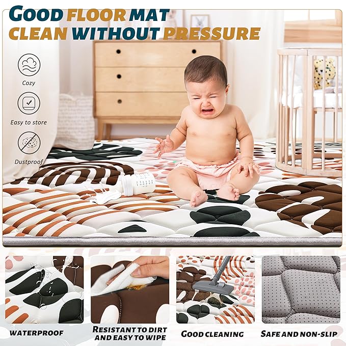 Baby Play Mats for Floor, 50x50 Playpen Mat for Babies, Extra Thicker & Soft Floor Crawling Mat, Foldable Non-Slip Playmat for Infants Toddlers, Boho Leaf Dark Brown