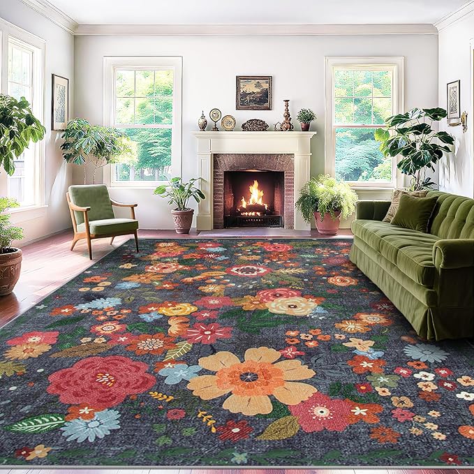 Area Rug Living Room Rugs: 6x9 Washable Rug Vintage Floral Soft Boho Non Slip Carpet Indoor Floor Non Shedding Low Pile Thin Carpets for Bedroom Dining Room Farmhouse Nursery Home Office Black