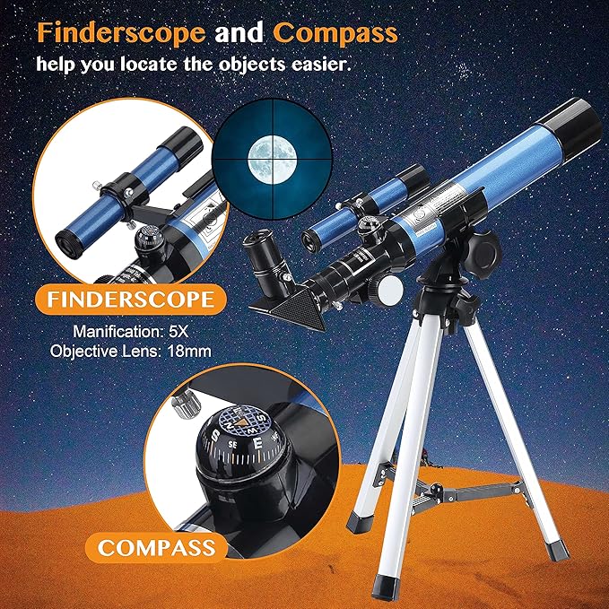 AOMEKIE Telescopes 40/400 with Tabletop Tripod 2 Eyepieces Portable Telescopes for Astronomy Beginners with Finderscope and Compass,Space, Gifts