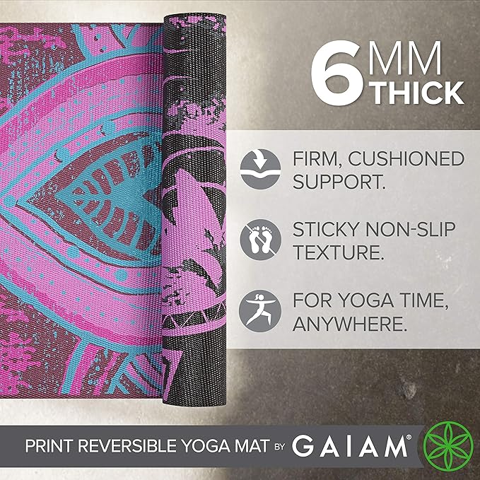 Gaiam Yoga Mat - Premium 6mm Print Reversible Extra Thick Non Slip Exercise & Fitness Mat for All Types of Yoga, Pilates & Floor Workouts (68" x 24" x 6mm Thick)
