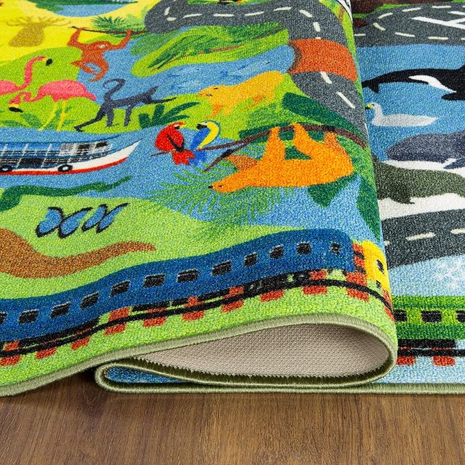 KC Cubs 5x7 Animal Safari Toy Car Road Rug – Educational Play Mat Carpet for Kids, Toddlers, Nursery, Classroom, Playroom, Baby Daycare, Boys & Girls