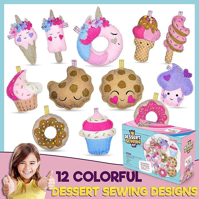 12 Pre-Cut Mini Treats Dessert Fun Kids Sewing Kit for Kids Ages 8-12 Children Beginners Sewing kit kid crafts Make Your Own Felt Pillow Plush Craft Kit Girls and Boys Art Craft Kits Learn to Sew Kit